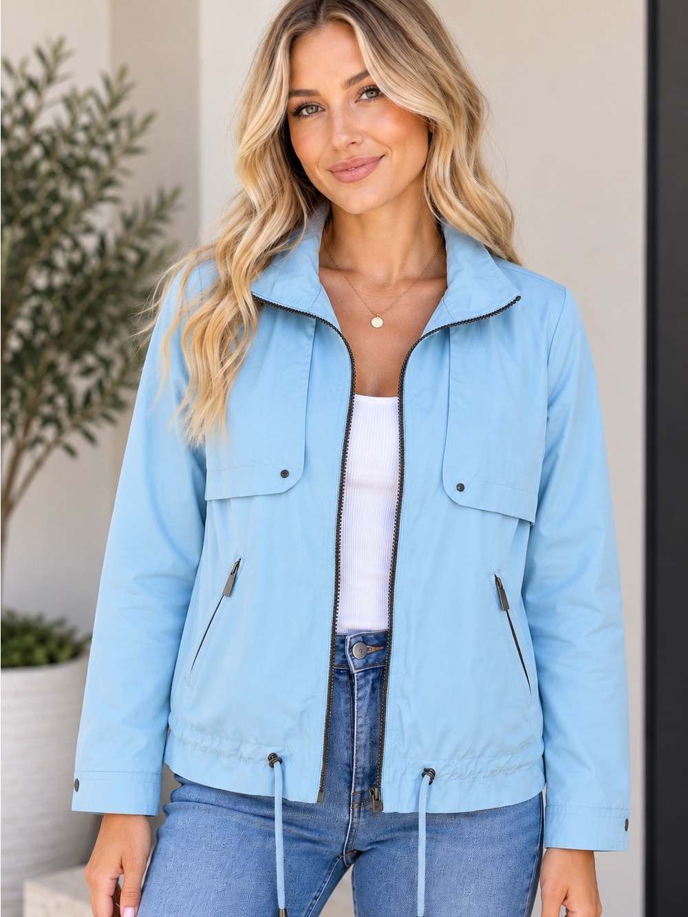 Miami Women’s Medium Light Blue Utility Jacket Zip Front Cargo Pockets